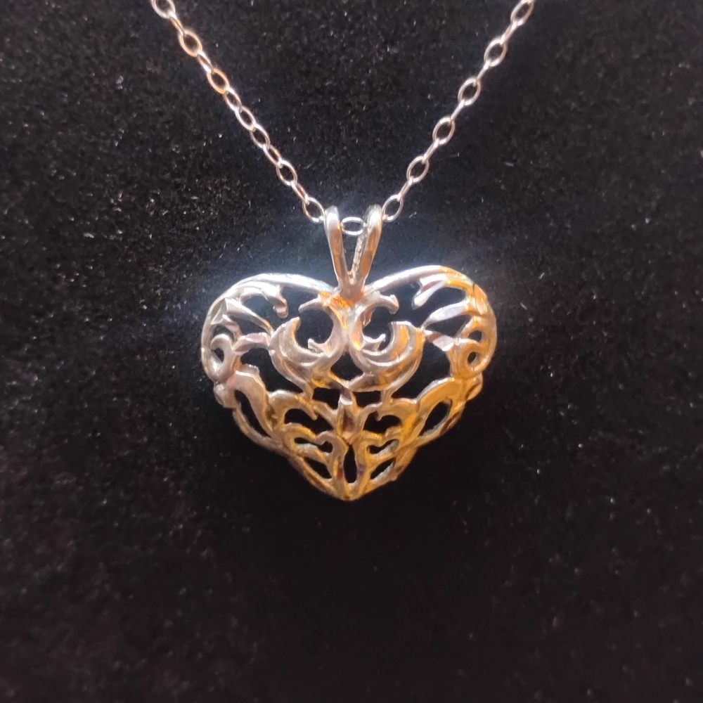 Sterling Silver Filigree Heart Pendant Necklace - Silver
